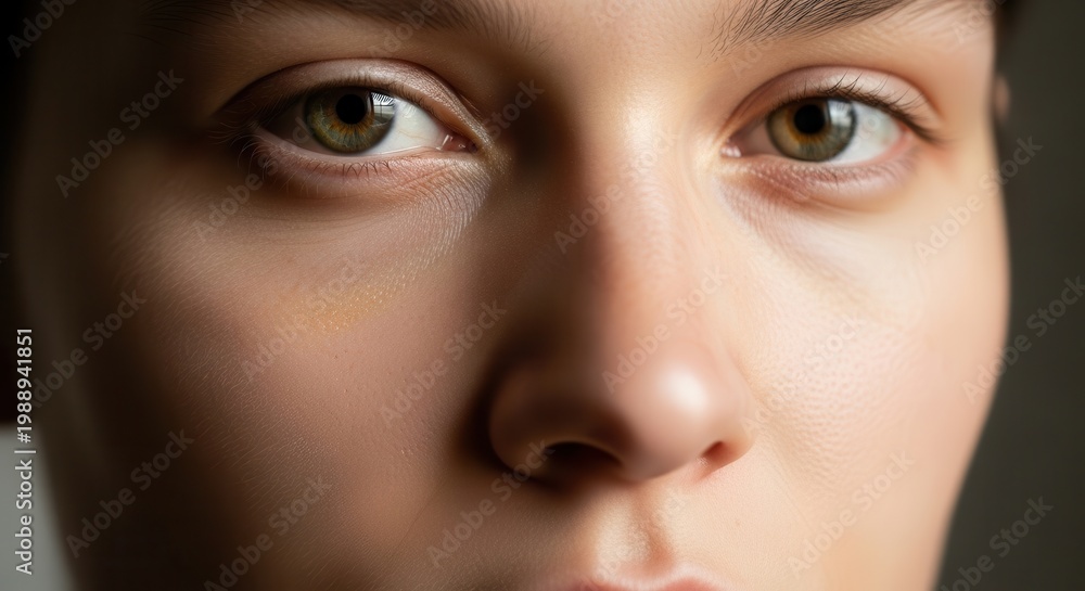 Fototapeta premium Captivating close-up of a human face highlighting expressive natural eyes and flawless skin texture