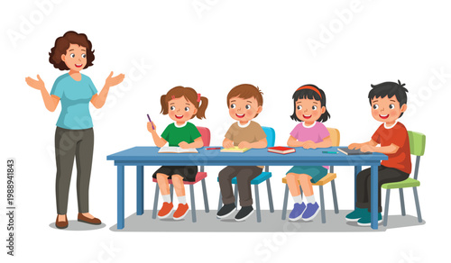 Female teacher teaching explaining and discuss lesson with students sitting at the table