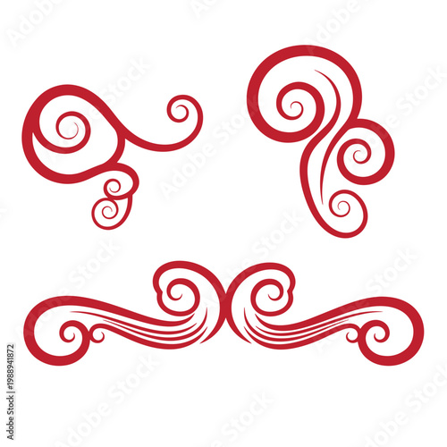 Red swirling on white background, decorative flourishes curls