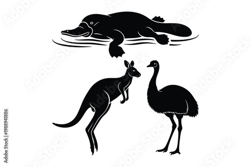 Australian wildlife silhouette collage: platypus swimming, kangaroo and emu