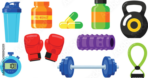 Gym equipment and fitness supplements set with barbell kettlebell boxing gloves and protein shaker in flat vector style