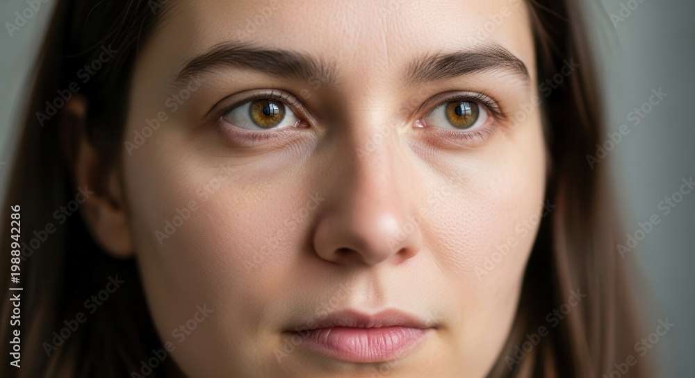 Fototapeta premium Captivating close-up of a young woman with natural beauty and a subtle, thoughtful expression