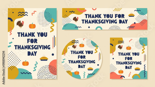 Colorful Thanksgiving greeting cards and stickers with 'Thank you for Thanksgiving Day' on a beige background