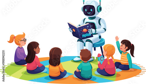 Friendly robot reading a storybook to a group of children sitting on a rug in a classroom for modern AI education concept