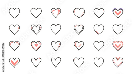 Heart Icon Collection: A set of elegantly drawn heart icons, showcasing diverse designs perfect for conveying feelings of love, support, and appreciation.