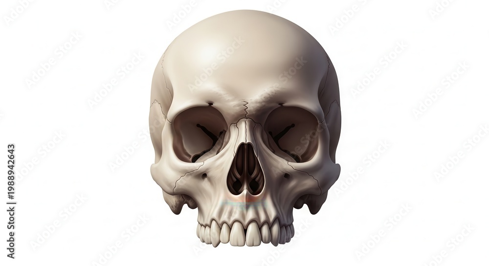 Fototapeta premium Detailed anatomical illustration of a human skull bone structure on a clean white background for