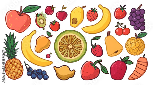 Fresh Fruits Illustration: A vibrant illustration showcasing a colorful assortment of fresh fruits, bursting with natural sweetness and visual appeal.