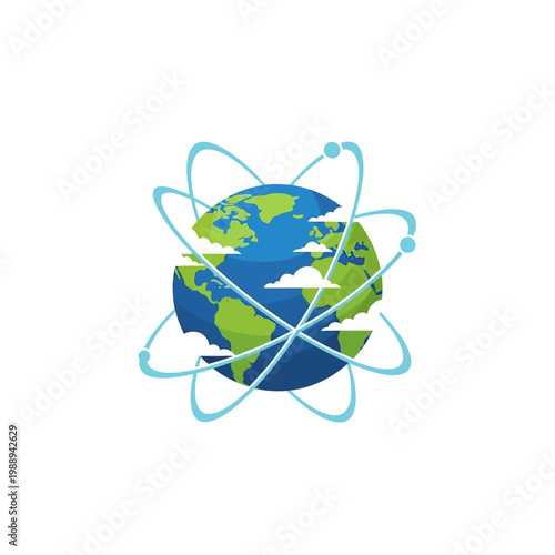 Abstract globe icon with orbiting electron rings representing global science and technology connectivity.