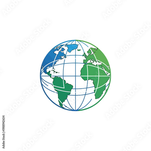 Abstract globe illustration with blue and green continents.