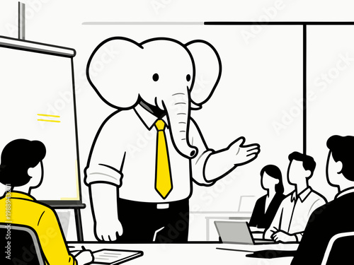 Minimalist flat vector illustration anthropomorphic elephant manager leading a business meeting in a modern office