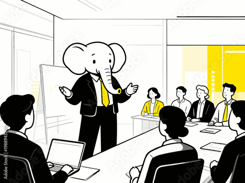 Minimalist flat vector illustration anthropomorphic elephant manager leading a business meeting in a modern office