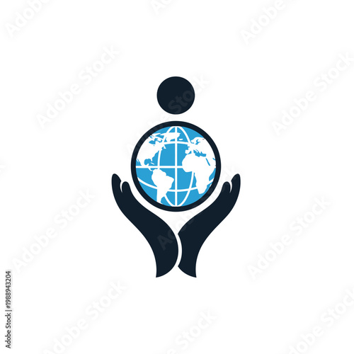 Abstract illustration of human hands holding a blue globe with a person icon.