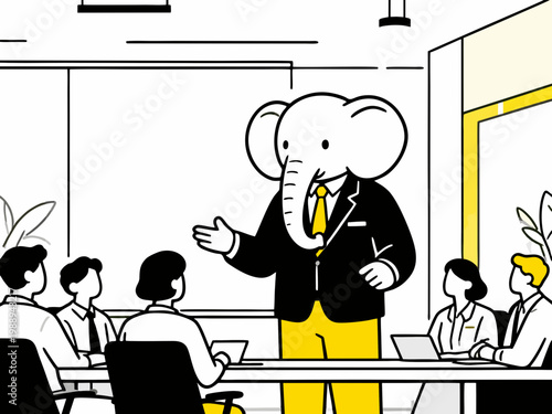 Minimalist flat vector illustration anthropomorphic elephant manager leading a business meeting in a modern office