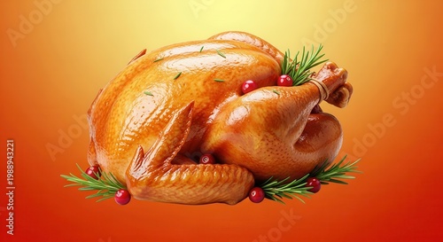 Golden roasted whole turkey centerpiece garnished with fresh rosemary and vibrant cranberries
