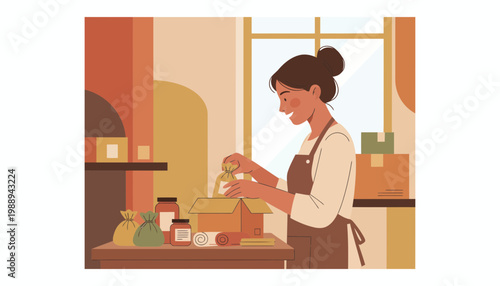 Happy Entrepreneur Packing Customer Orders with Care and Efficiency, Managing Small Business Logistics and E-commerce Fulfillment from a Dedicated Workspace