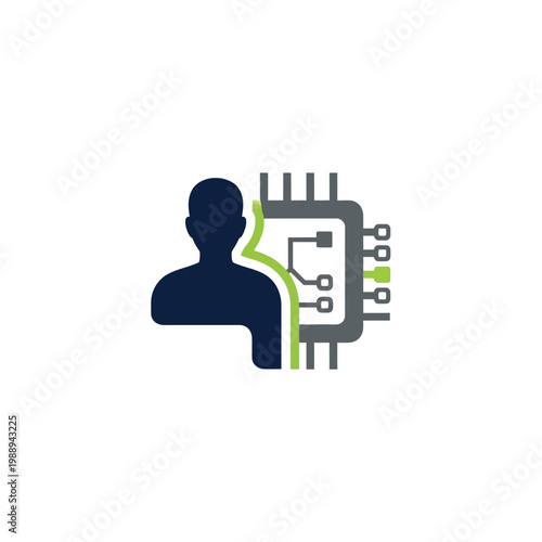 Abstract illustration of human silhouette merged with a computer processor chip icon.