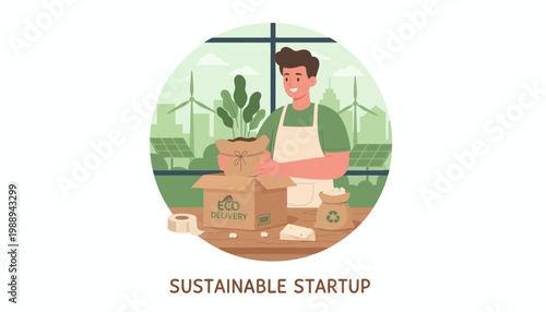 Illustration of a person packaging plants for a sustainable delivery service, depicting an eco-friendly business venture with renewable energy infrastructure in the background