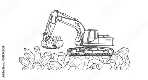 Excavator Digging Crystals and Rocks in Quarry Landscape