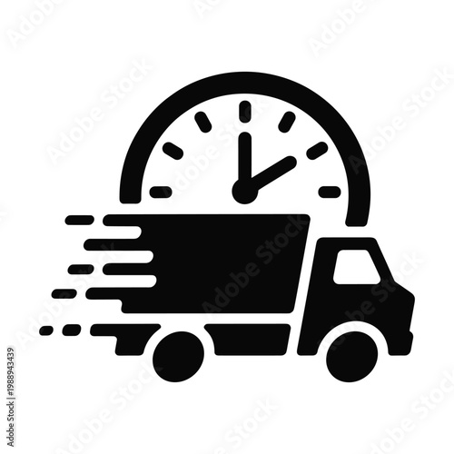 Illustration of a delivery truck with a clock indicating fast shipping and timely arrival