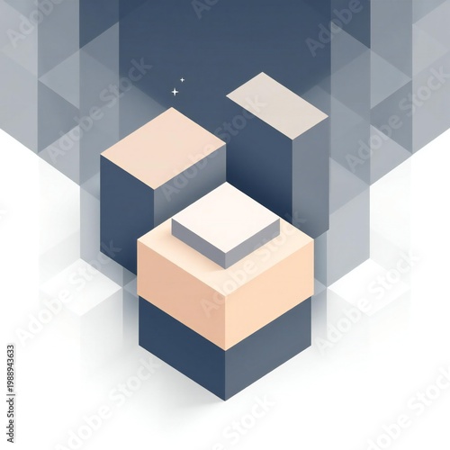 Geometric abstract composition with stacked isometric blocks and subtle background patterns