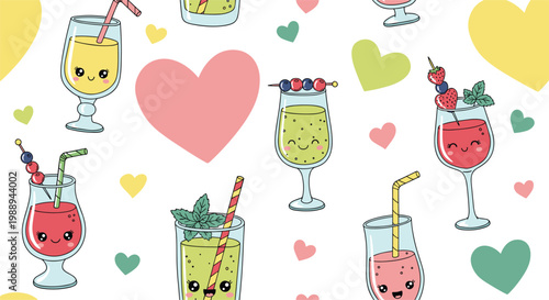 Seamless pattern with cute kawaii summer cocktails and smoothie characters with happy faces and hearts on white background
