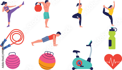 Diverse fitness and gym icons vector set with people exercising, yoga poses, and workout equipment in flat design style
