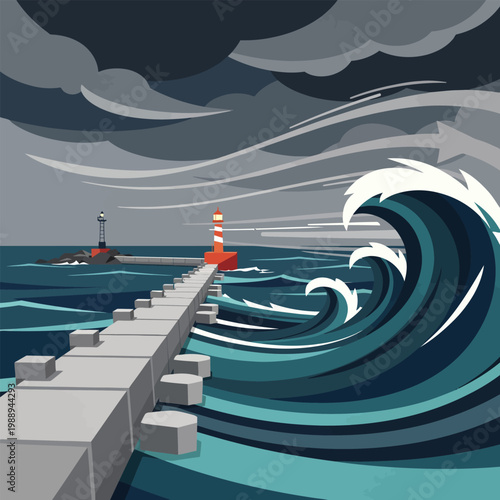 Wave crashing on seawall near lighthouse during storm at sea