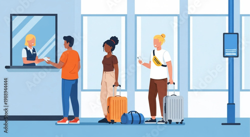 Travelers lining up at a check-in counter with their luggage, interacting with an attendant before their journey, depicting a common scene of airport or station departure preparations