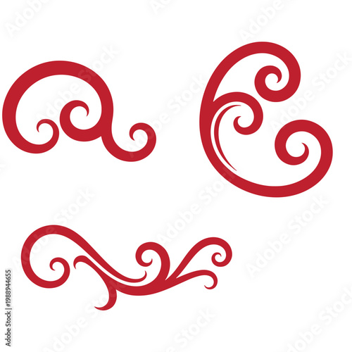 Red swirling decorative on white background, 4 06 curls