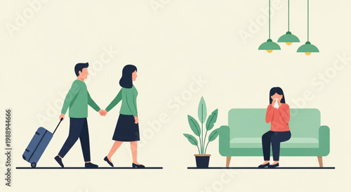 Illustration of a painful relationship breakup, showing a couple separating with luggage, and an individual crying in deep sadness, symbolizing emotional distress