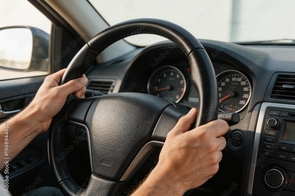 Fototapeta premium Person driving car with hands on steering wheel