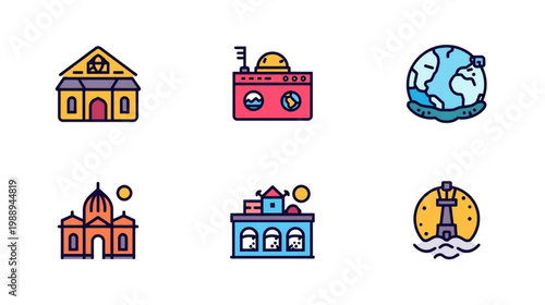 World Building Icons: A series of vibrant icons depicts different architectural structures, each design representing diverse landmarks, symbolizing global culture, showcasing architectural variety.
