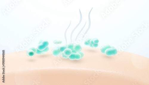 Digital illustration of green bacteria clusters on human skin with rising steam vapor.