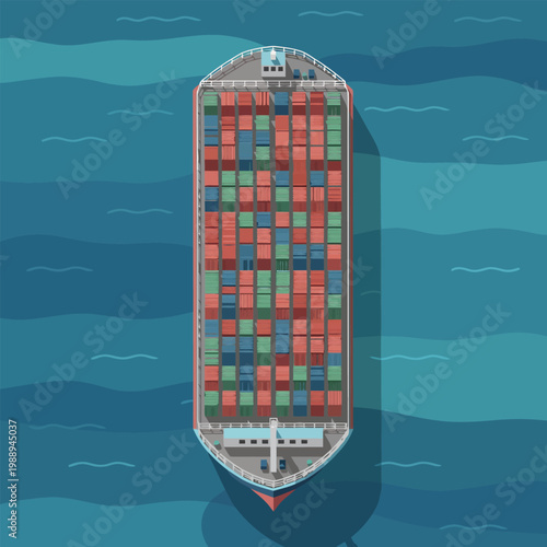 Cargo ship at sea, top view delivering goods internationally