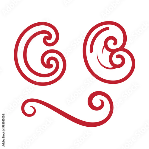 Red swirling shapes on white background, 4 04 curls scrolls