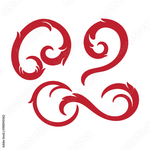 Red swirling shapes on white background, 4 05 curling lines abstract