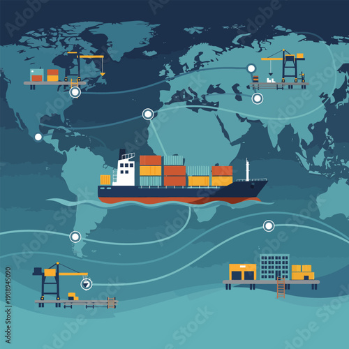 Cargo ship with containers, global import export logistics