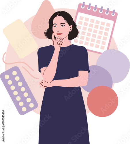 Woman Thinking With Calendar And Pills planning