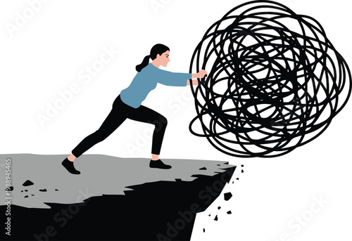 Woman pushing tangled ball of thoughts off cliff edge