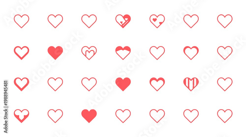 Heart Collection: A collection of various heart icons in red, offering a diverse array of designs for expressing love and emotion.