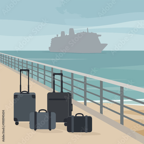 Luggage on a pier with cruise ship in the background