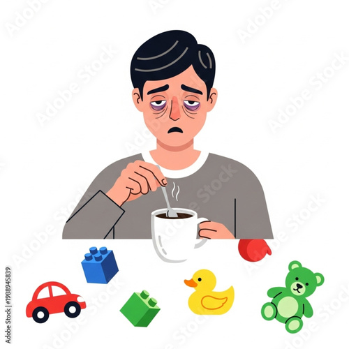 Tired Person Holding Spoon in Coffee Cup Surrounded by Children's Toys and Symptoms of Fatigue