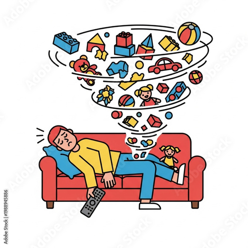Exhausted parent napping on the sofa, a colorful whirlwind of children's toys above illustrating the overwhelming mental load and demands of family