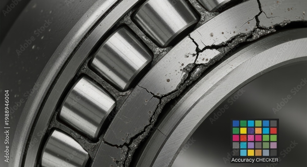 Obraz premium Extreme macro view of a severely damaged roller bearing with cracked race