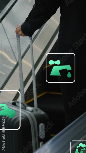Vertical video: Businesswoman pulling suitcase up escalator, icons appearing and showing CO2 cost