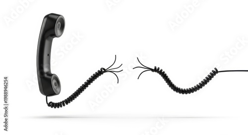 Black telephone receiver with coiled cord disconnected and separated on white background ideal for communication concepts
