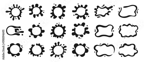 Liquid shapes icon or sign set. Symbol fluid puddles, wavy stains splashes, drops, blobs. Bubble watery organic forms for text. Smooth blotches, soft uneven spills drips abstract shapes frames design