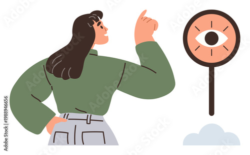 Awareness, focus, vision, direction, mindfulness, human behavior. A woman pointing at a signpost with an eye symbol. Awareness and focus concept through gesture and symbolism