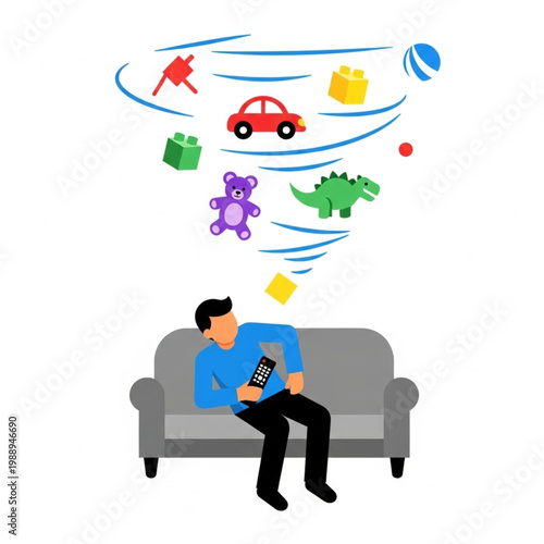 Man on couch overwhelmed by toys and childhood memories in a whirlwind of thoughts, feeling nostalgic and nostalgic