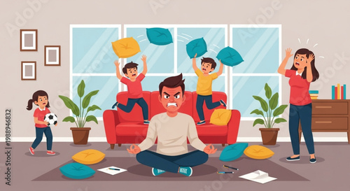 Parenting chaos a mother and father trying to maintain calm amidst a lively pillow fight with their energetic children at home